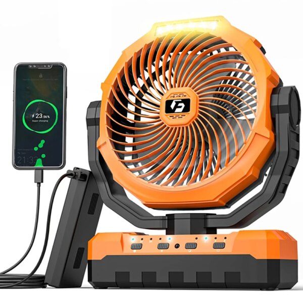 Ventilador de camping de 12000 mAh, ventilador con batería recargable, ventilador de mesa USB de 9 pulgadas y 4 velocidades