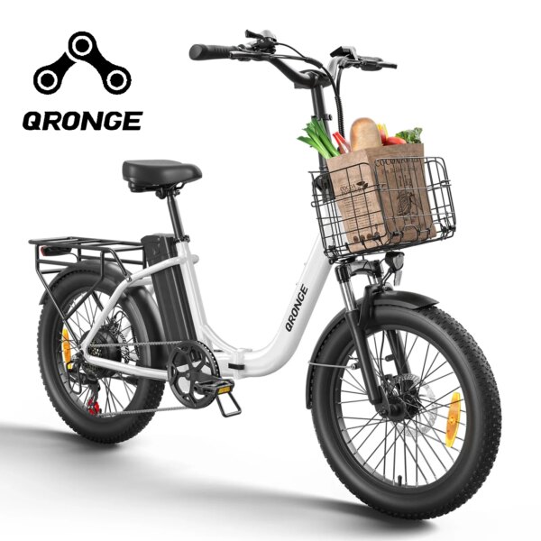 Bicicleta eléctrica QRONGE, bicicleta eléctrica plegable de pico de 1000W, 486Wh, alcance de 70 millas, bicicleta eléctrica paso a paso de 20 "con cesta de bicicleta