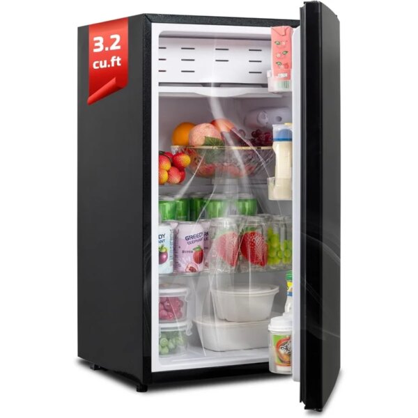 Refrigerador para dormitorio de 3,2 pies cúbicos, refrigerador compacto de una sola puerta con congelador, refrigerador de oficina negro, refrigerador de oficina de poco ruido de 110V con