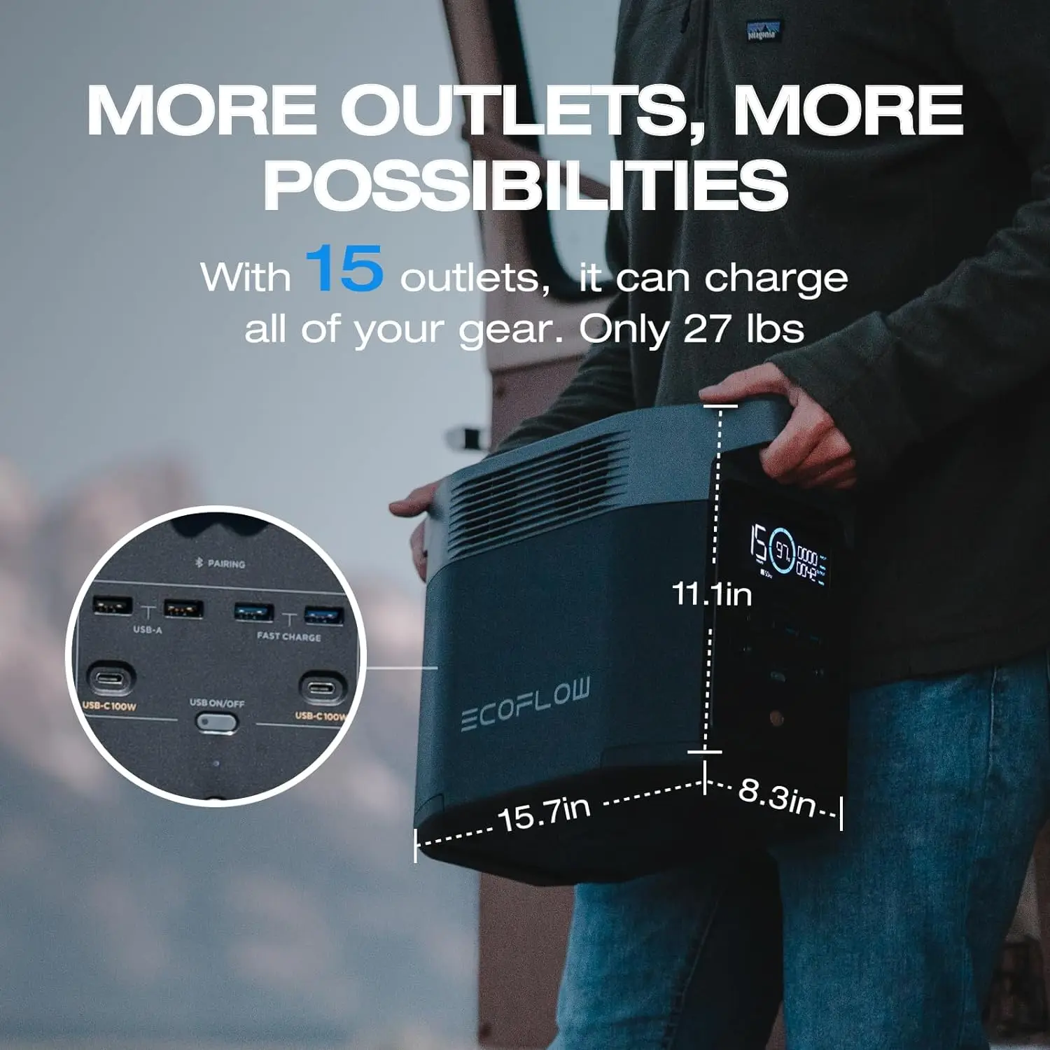 ECOFLOW Central eléctrica portátil DELTA 2, batería LiFePO4 (LFP) de 950Wh/1024Wh, salida USB-C de 1800W CA/100W, generador solar - Imagen 6