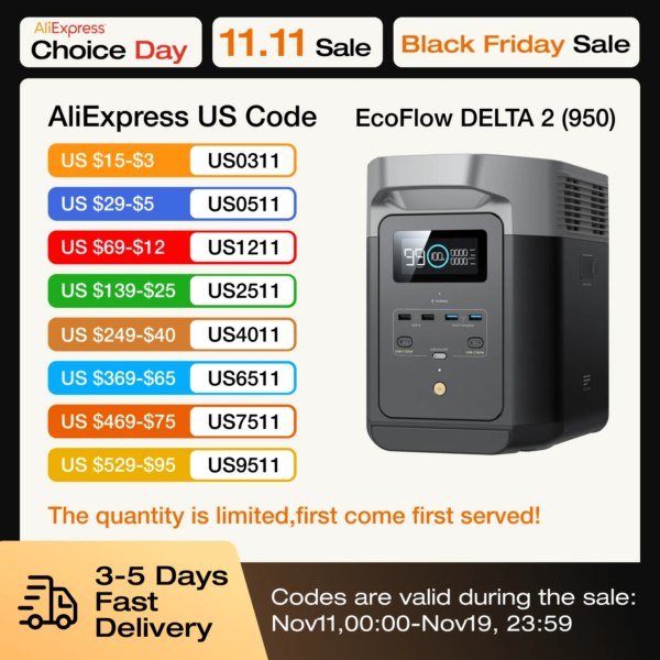 ECOFLOW Central eléctrica portátil DELTA 2, batería LiFePO4 (LFP) de 950Wh/1024Wh, salida USB-C de 1800W CA/100W, generador solar