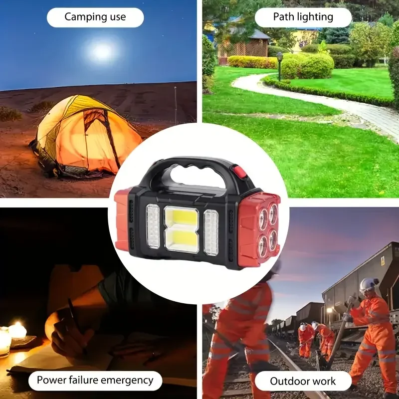Linterna LED USB + linterna Solar recargable COB antorcha para acampar al aire libre reflector portátil banco de energía para pescar al aire libre