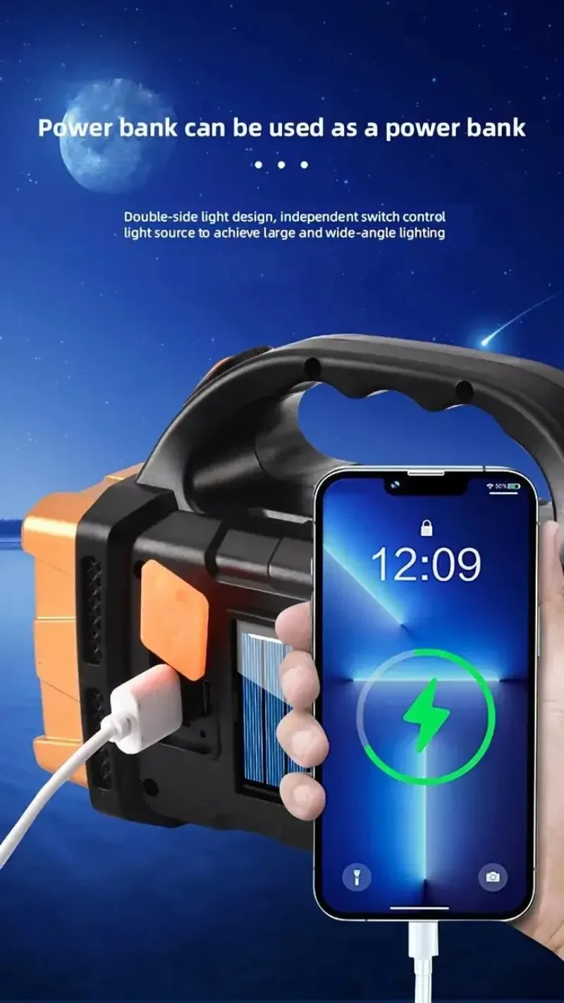 Linterna LED USB + linterna Solar recargable COB antorcha para acampar al aire libre reflector portátil banco de energía para pescar al aire libre