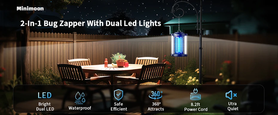 Minimoon Bug Zapper Exterminador de mosquitos para exteriores con luz LED dual 4200V Fly Zapper 15W trampas eléctricas para moscas trampa para insectos IPX4 para exteriores Minimoon Bug Zapper Exterminador de mosquitos para exteriores con luz LED dual 4200V Fly Zapper 15W trampas eléctricas para moscas trampa para insectos IPX4 para exteriores
