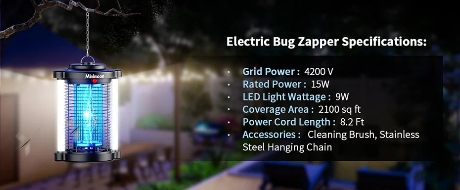 Minimoon Bug Zapper Exterminador de mosquitos para exteriores con luz LED dual 4200V Fly Zapper 15W trampas eléctricas para moscas trampa para insectos IPX4 para exteriores Minimoon Bug Zapper Exterminador de mosquitos para exteriores con luz LED dual 4200V Fly Zapper 15W trampas eléctricas para moscas trampa para insectos IPX4 para exteriores