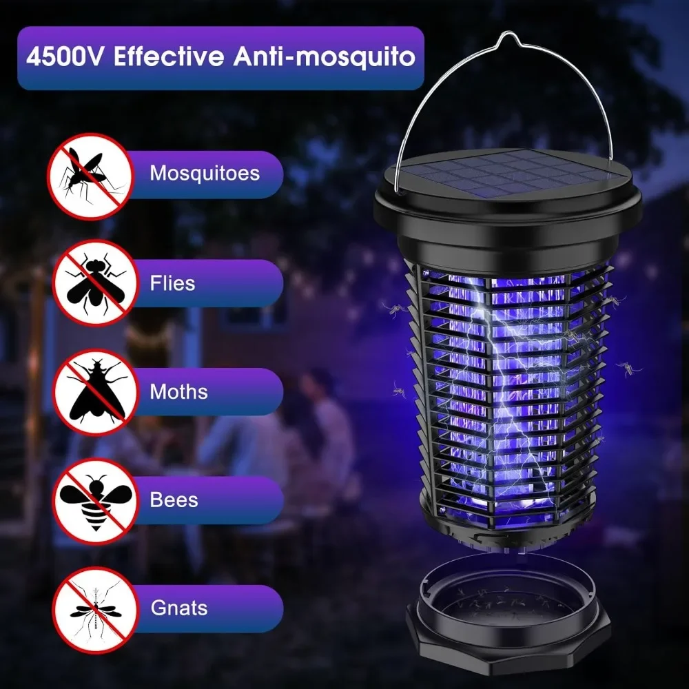 Exterminador de insectos solar para exteriores, exterminador de insectos recargable por USB con energía solar de 5,5 W, lámpara antimosquitos de 4500 V, jardín, Camping