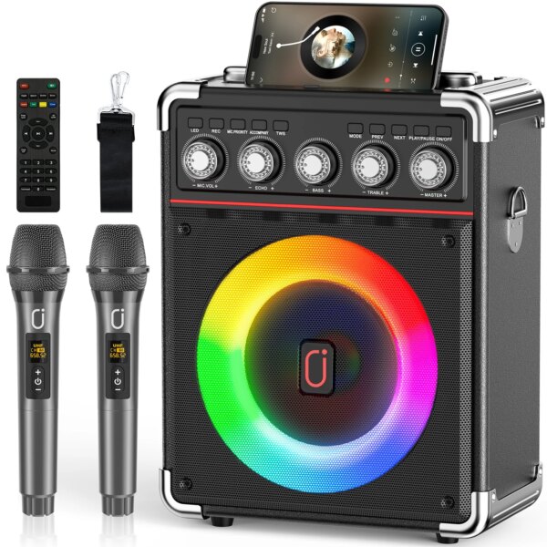 FanFun Portable Speaker Microphones Karaoke Machine with DJ Lighting PA System for Home Singing Adults