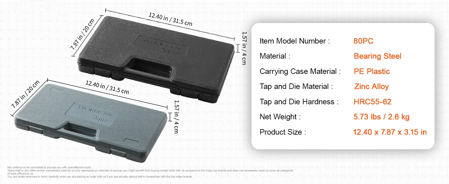 SucceBuy Juego de troqueles y grifos 40 piezas 60 piezas 80 piezas 110/116 piezas Grifos y troqueles de acero con rodamiento estándar métrico SAE Herramienta de roscado esencial