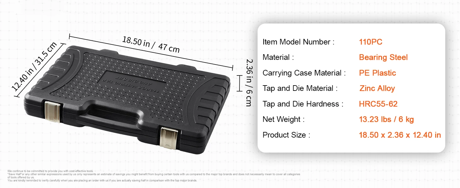 SucceBuy Juego de troqueles y grifos 40 piezas 60 piezas 80 piezas 110/116 piezas Grifos y troqueles de acero con rodamiento estándar métrico SAE Herramienta de roscado esencial