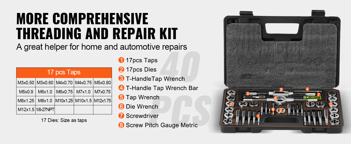 SucceBuy Juego de troqueles y grifos 40 piezas 60 piezas 80 piezas 110/116 piezas Grifos y troqueles de acero con rodamiento estándar métrico SAE Herramienta de roscado esencial