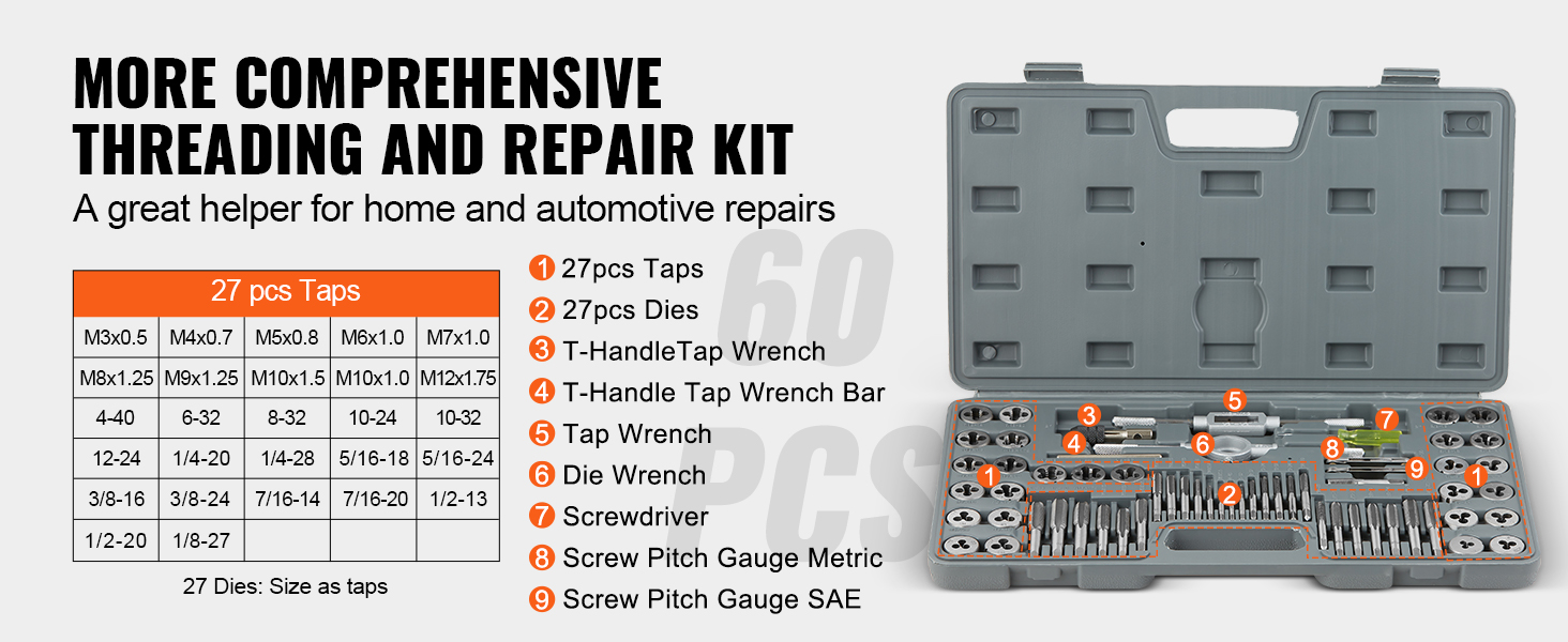 SucceBuy Juego de troqueles y grifos 40 piezas 60 piezas 80 piezas 110/116 piezas Grifos y troqueles de acero con rodamiento estándar métrico SAE Herramienta de roscado esencial