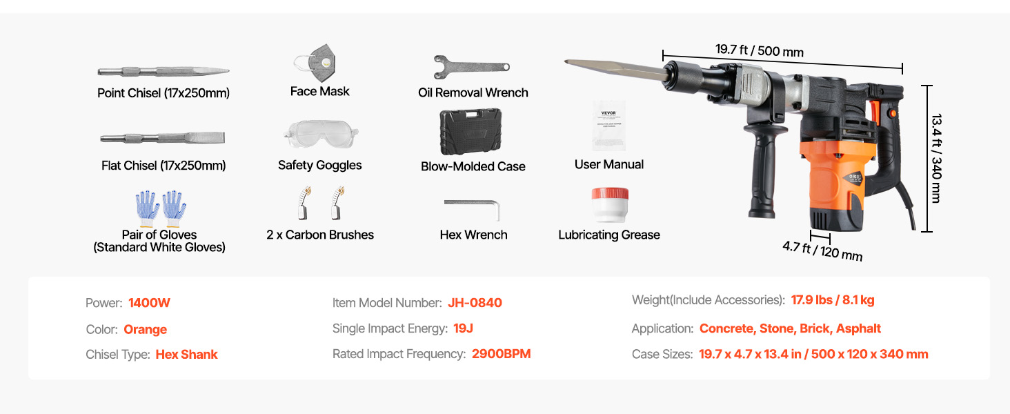 SucceBuy-martillo de demolición de 1400W, martillo neumático eléctrico de alta resistencia, rompedor de hormigón de 2900 BPM, 2 uds., cinceles, astillado