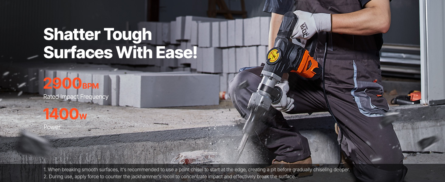 SucceBuy-martillo de demolición de 1400W, martillo neumático eléctrico de alta resistencia, rompedor de hormigón de 2900 BPM, 2 uds., cinceles, astillado