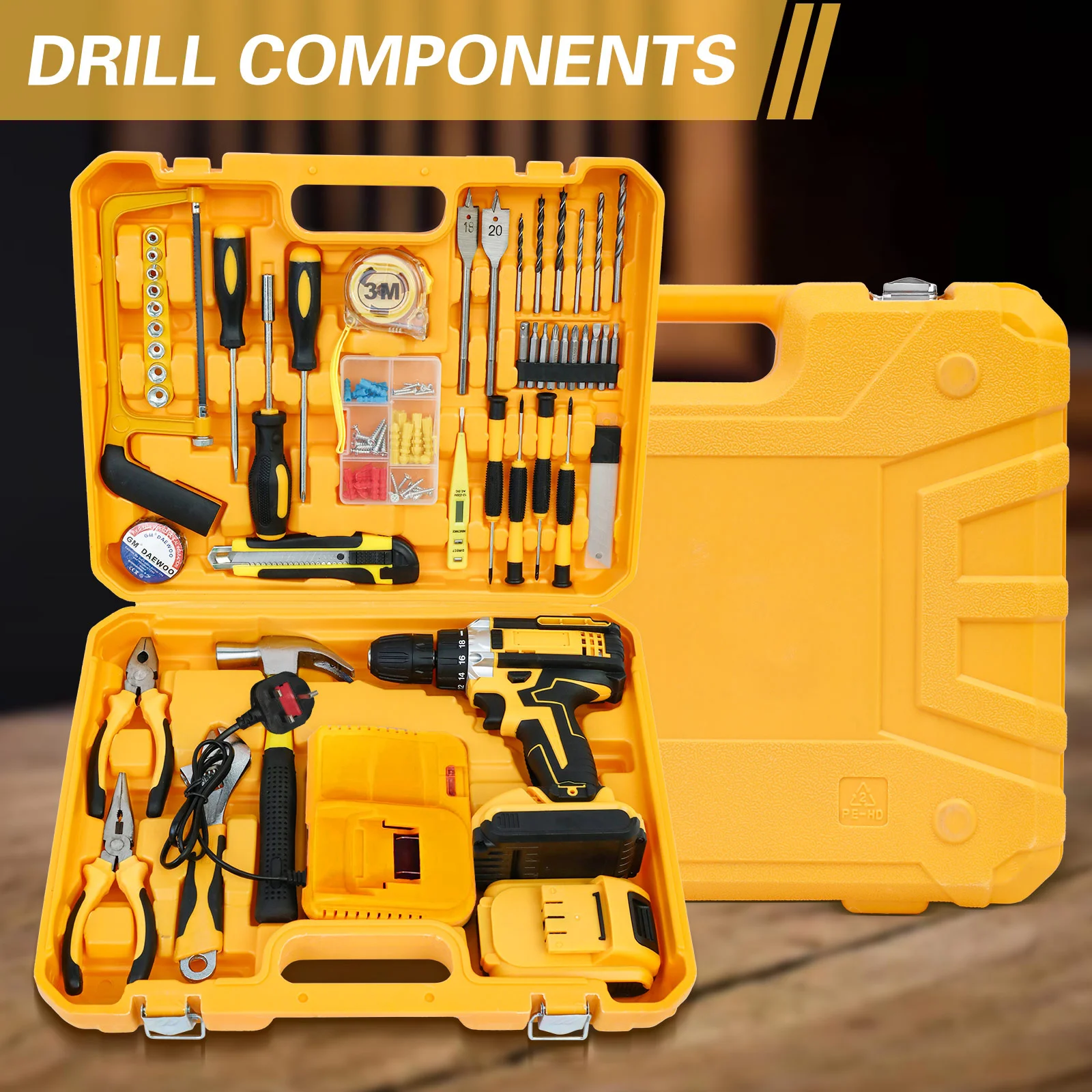 Kit de herramientas de taladro de impacto de 21V, destornillador eléctrico inalámbrico sin escobillas, 45n.m, 120 Uds. Con brocas, 2 baterías de iones de litio de 1,5 Ah Kit de herramientas de taladro de impacto de 21V, destornillador eléctrico inalámbrico sin escobillas, 45n.m, 120 Uds. Con brocas, 2 baterías de iones de litio de 1,5 Ah