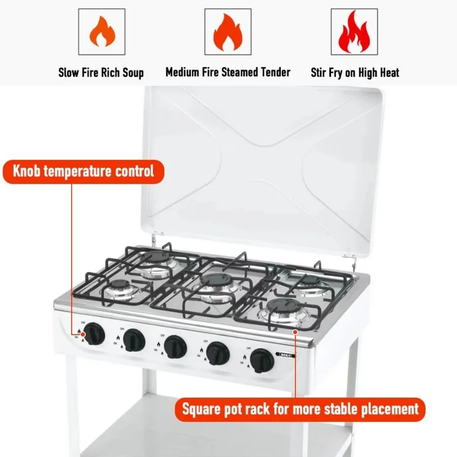 Estufa de Gas Natural de 5 quemadores, cocina independiente con perillas de Control de calor precisas para el hogar, cocina y campamento al aire libre