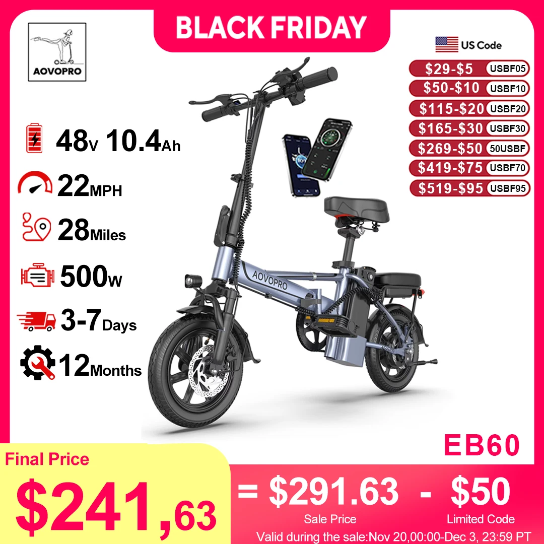 AOVOPRO 14 pulgadas EB60 bicicleta eléctrica plegable 500W 48V 10.4AH bicicleta eléctrica 22MPH 28 millas de largo alcance con dos asientos para adultos