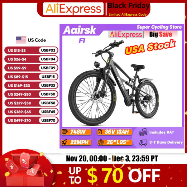 Aairsk F1 bicicleta eléctrica de montaña para adultos 748W Motor 36V 13Ah batería bicicleta eléctrica urbana 26*1,95 "neumático bicicleta eléctrica de doble suspensión