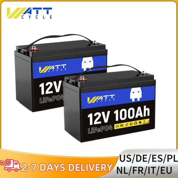 Batería WattCycle LiFePO4 de 12V, 100Ah, paquete de 2 celdas de grado A + con serie BMS 100A o paquetes de baterías de litio de conexión paralela