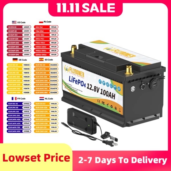 FLLYROWTH-Paquete de batería de litio LiFePo4, 12V, 100Ah, 100A, BMS para Motor de barco RV, inversor Solar, viento, todoterreno, batería LiFePO4 fuera de la red