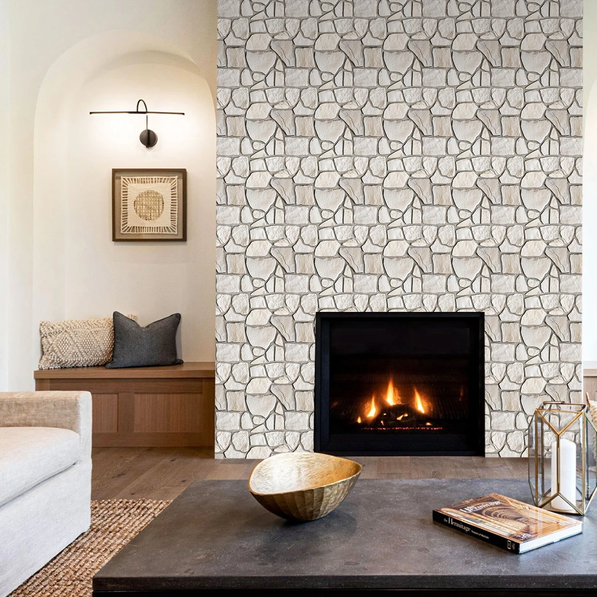 10 paneles de pared 3D de piedra sintética para pelar y pegar, pegatinas de azulejos impermeables, pegatinas de pared para sala de estar
