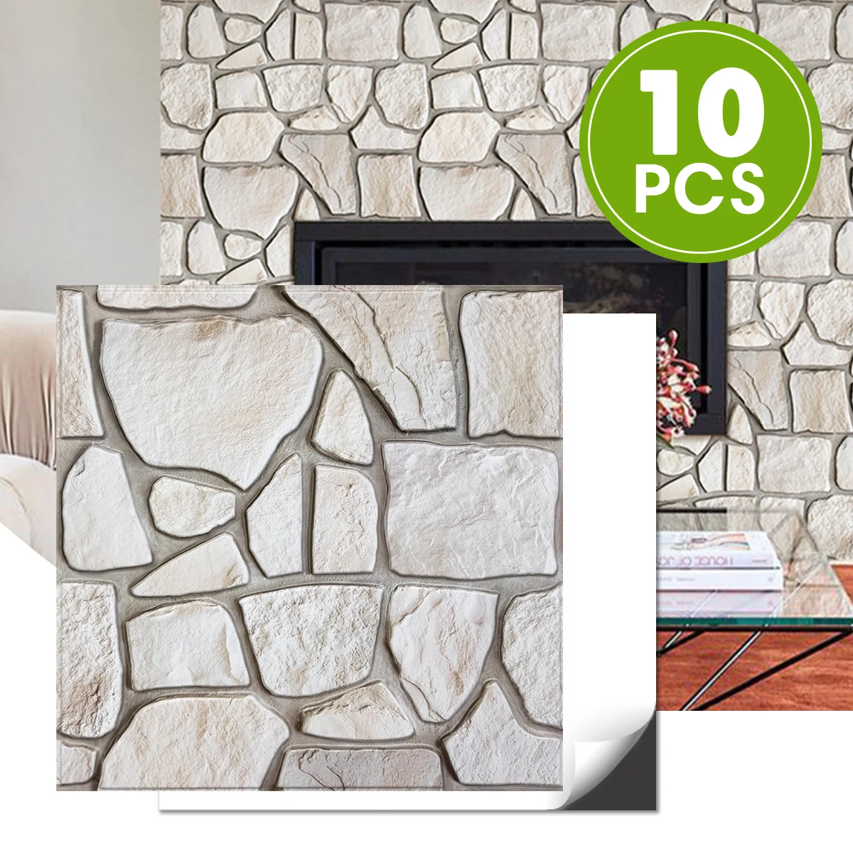 10 paneles de pared 3D de piedra sintética para pelar y pegar, pegatinas de azulejos impermeables, pegatinas de pared para sala de estar