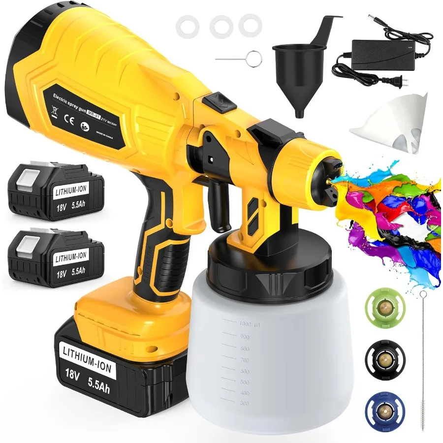 Pulverizador de pintura inalámbrico con batería, 2 pistolas de pintura en aerosol eléctricas con batería de 5,5Ah y 18V para renovación del hogar, muebles, cabina de acabado