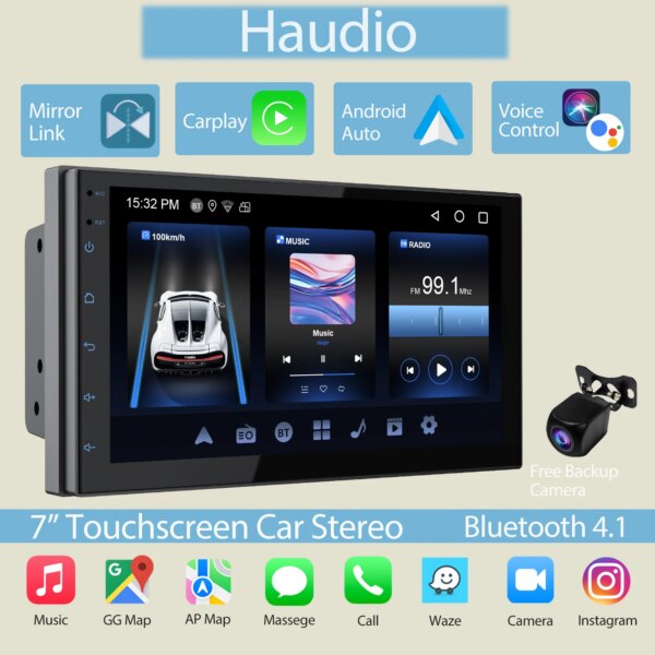 Haudio Estéreo para automóvil de doble Din de 7" con CarPlay inalámbrico y Android Auto, radio para automóvil con BT 4.1/cámara de respaldo GPS/WiFi/FM/AM