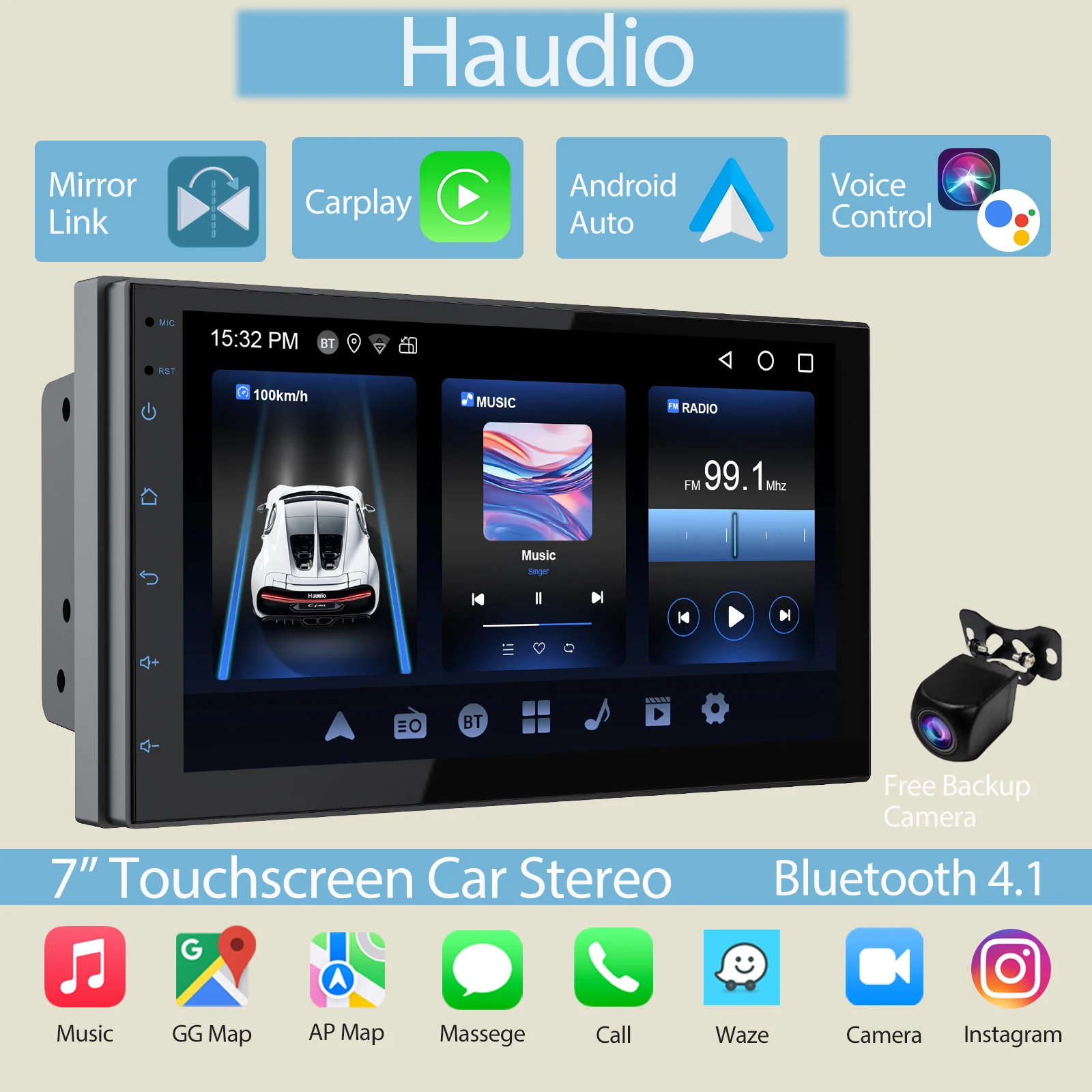 Haudio Estéreo para automóvil de doble Din de 7" con CarPlay inalámbrico y Android Auto, radio para automóvil con BT 4.1/cámara de respaldo GPS/WiFi/FM/AM