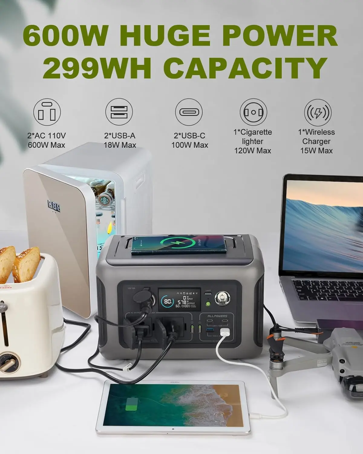 ALLPOWERS Estación de energía portátil R600, batería LiFeP04 de 299Wh con 2 salidas de CA de 600W (1200W) para acampar al aire libre, RV y hogar ALLPOWERS Estación de energía portátil R600, batería LiFeP04 de 299Wh con 2 salidas de CA de 600W (1200W) para acampar al aire libre, RV y hogar