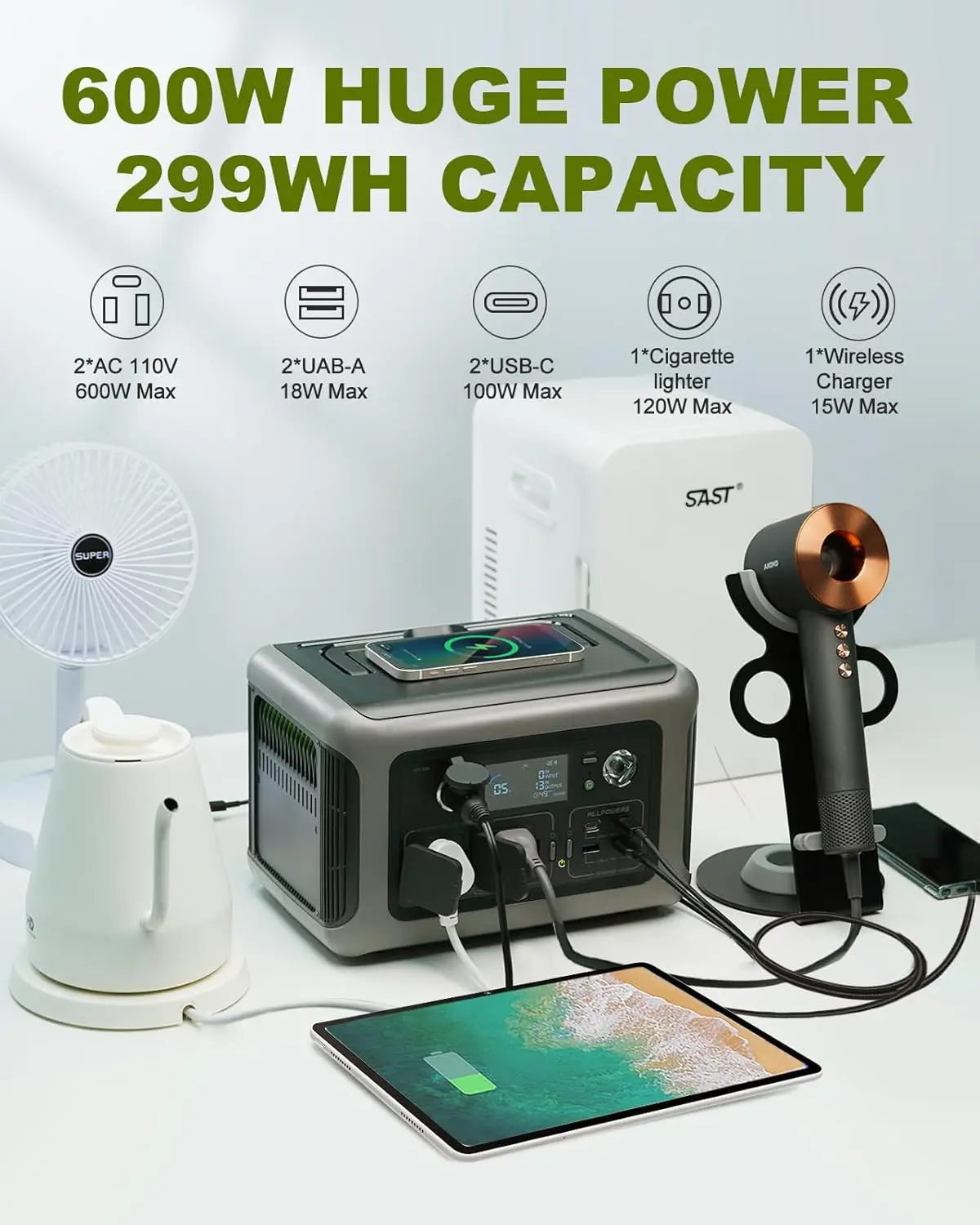 ALLPOWERS Estación de energía portátil R600, batería LiFeP04 de 299Wh con 2 salidas de CA de 600W (1200W) para acampar al aire libre, RV y hogar - Imagen 4