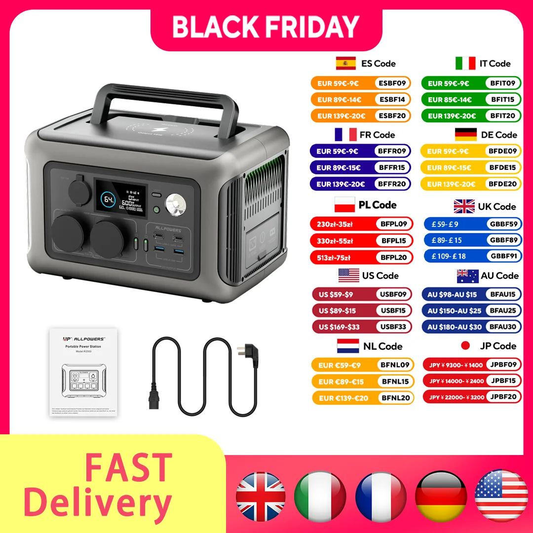 ALLPOWERS Estación de energía portátil R600, batería LiFeP04 de 299Wh con 2 salidas de CA de 600W (1200W) para acampar al aire libre, RV y hogar