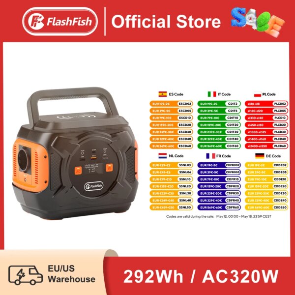 FF Flashfish 110V Estación de energía portátil 320W Generador solar 292Wh Baterías de litio AC Tipo-C Paquete de batería Cargador Banco de energía