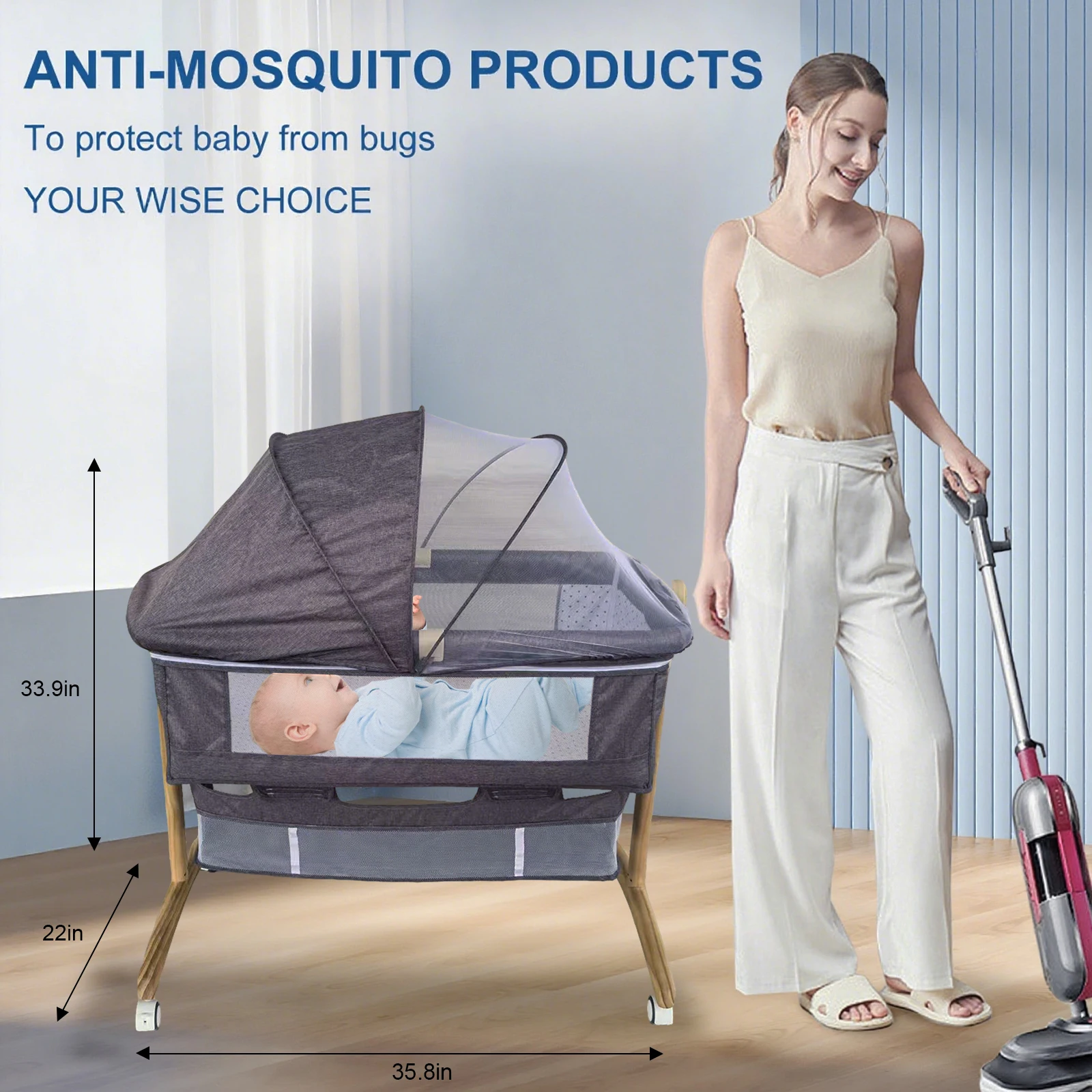 Cuna de bebé multifuncional con mosquitera, cama de guardería plegable con ajuste de altura, portátil de viaje para recién nacidos, niños y niñas - Imagen 5