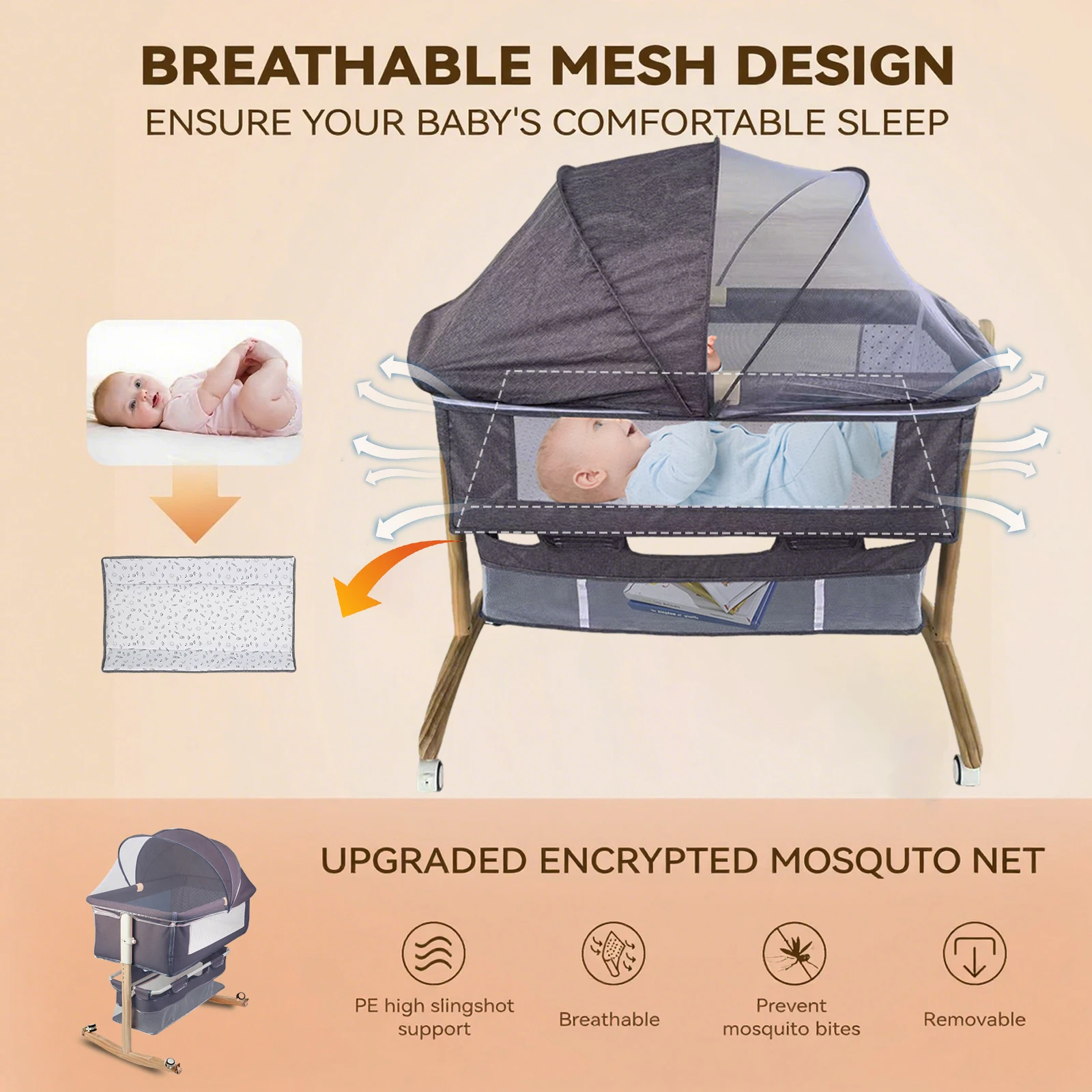 Cuna de bebé multifuncional con mosquitera, cama de guardería plegable con ajuste de altura, portátil de viaje para recién nacidos, niños y niñas - Imagen 3