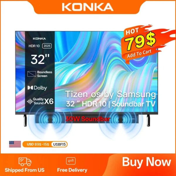 KONKA 32 "Smart TV Tizen OS alimentado por SAMSUNG barra de sonido incorporada de 30W HDR10 V-Max pantalla teatro Audio sonido dinámico 1 año de garantía