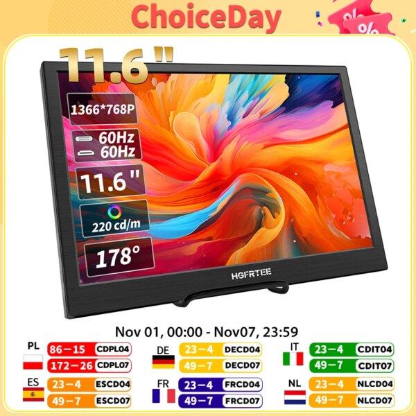 HGFRTEE-Monitor portátil de 11,6 pulgadas para videojuegos, Monitor extendido, Compatible con HDMI, segunda pantalla para Switch/PS4/Raspberry Pi
