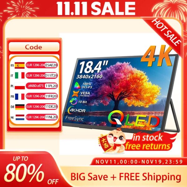 UPERFECT 18.4 pulgadas 4K QLED monitor portátil juego 3840 * 2160 pantalla de computadora FreeSync HDR ultra-delgada pantalla de extensión para PS5 / 4 Switch PC portátil Mac Xbox con VESA ajustar soporte