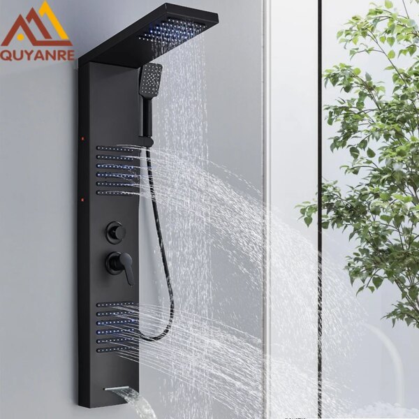 Panel de ducha LED negro, sistema de torre, cascada de lluvia, columna de ducha, masaje hidreletrico, cuerpo, Spa, baño, grifo de ducha, mezclador