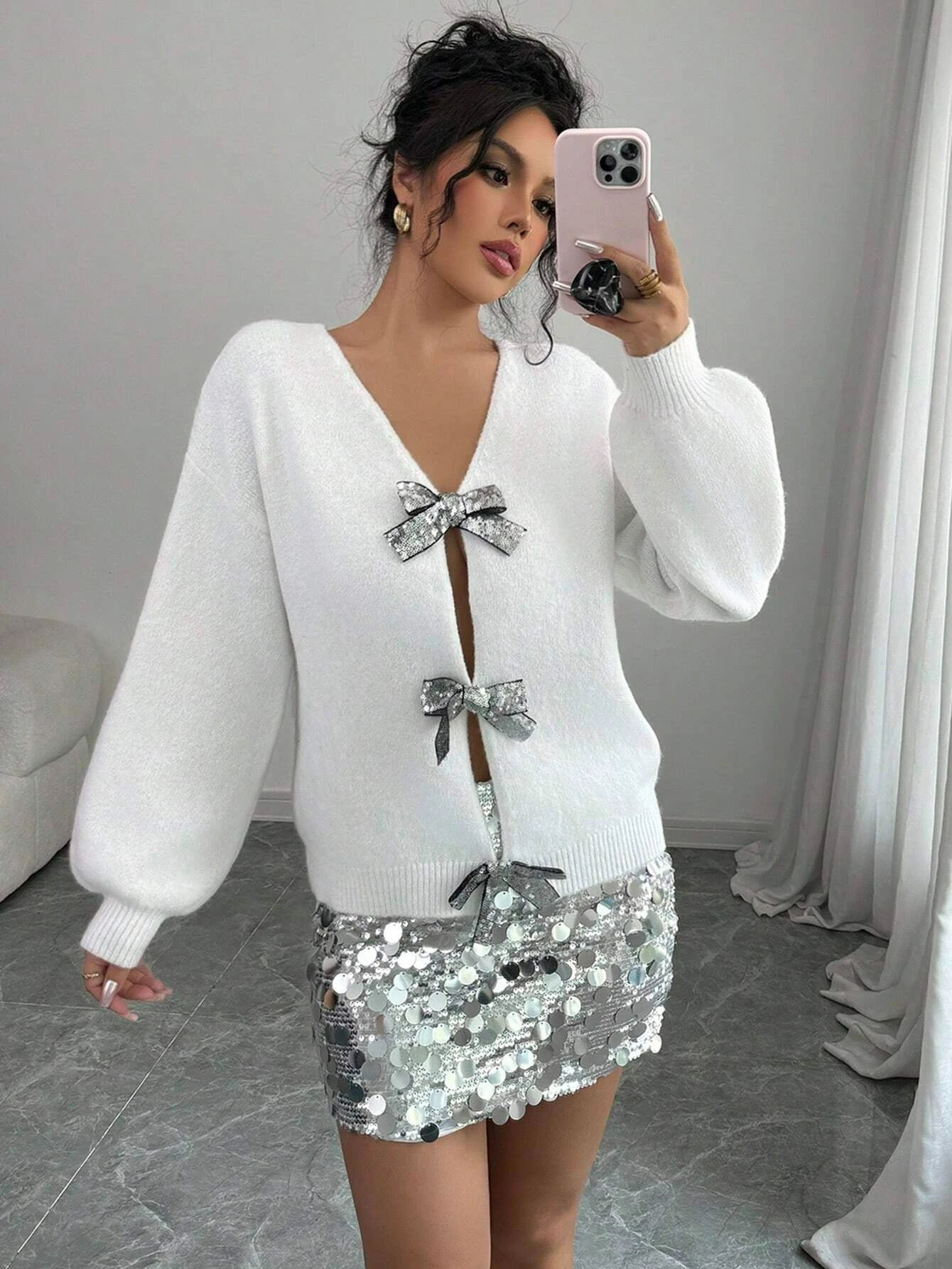 Otoño e Invierno nueva moda mujer suéter con lentejuelas lazo Trim suelto manga larga nicho tejido Cardigan