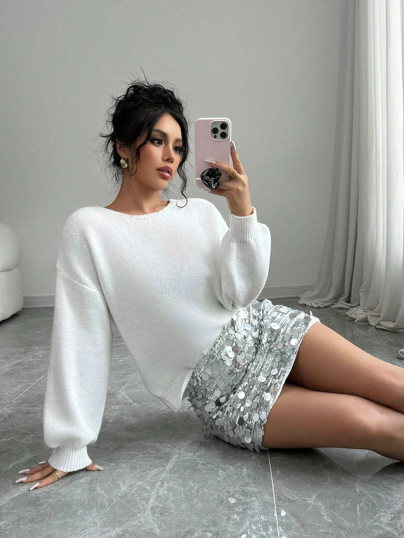 Otoño e Invierno nueva moda mujer suéter con lentejuelas lazo Trim suelto manga larga nicho tejido Cardigan