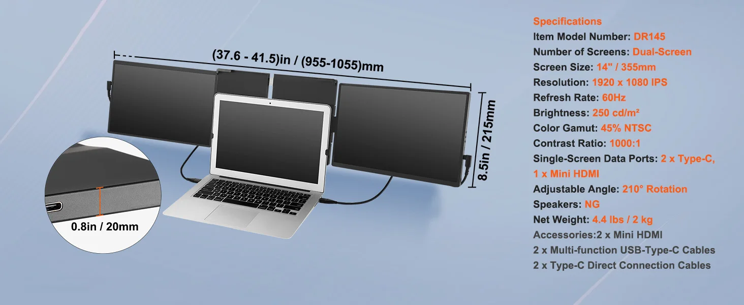 SucceBuy Monitor portátil giratorio extendido IPS de 18,5 pulgadas, 1080P, para USB-C/USB-A/Mini puerto HDMI con Mac/Wins/Android/Switch/PS5