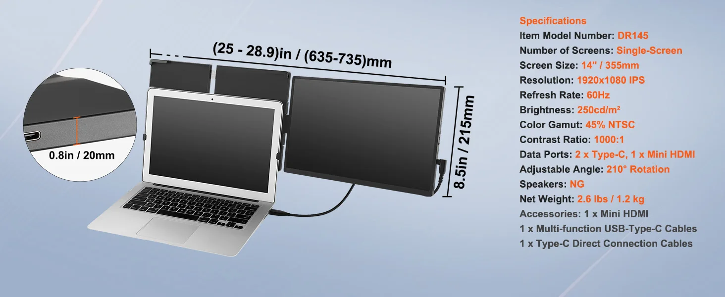 SucceBuy Monitor portátil giratorio extendido IPS de 18,5 pulgadas, 1080P, para USB-C/USB-A/Mini puerto HDMI con Mac/Wins/Android/Switch/PS5