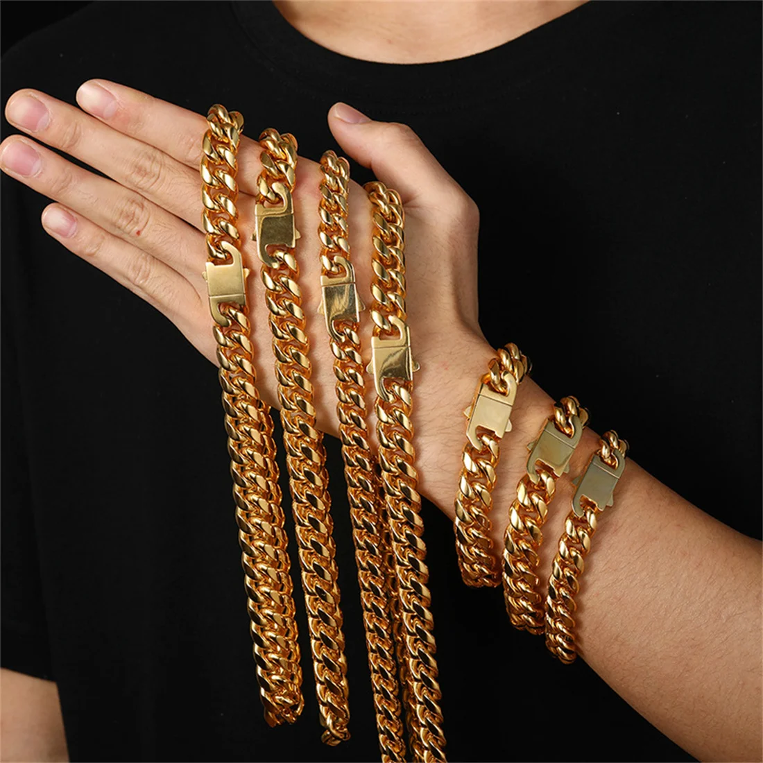 Collar de Hip Hop de 12/14mm, pulsera de cadena de eslabones cubanos de acero inoxidable 316L chapada en oro de 18K, joyería para joyería de moda unisex Collar de Hip Hop de 12/14mm, pulsera de cadena de eslabones cubanos de acero inoxidable 316L chapada en oro de 18K, joyería para joyería de moda unisex