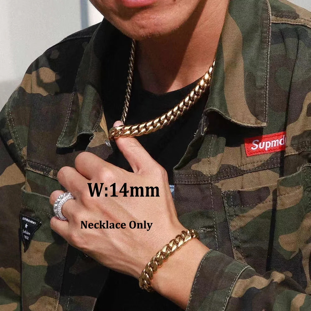 Collar de Hip Hop de 12/14mm, pulsera de cadena de eslabones cubanos de acero inoxidable 316L chapada en oro de 18K, joyería para joyería de moda unisex Collar de Hip Hop de 12/14mm, pulsera de cadena de eslabones cubanos de acero inoxidable 316L chapada en oro de 18K, joyería para joyería de moda unisex