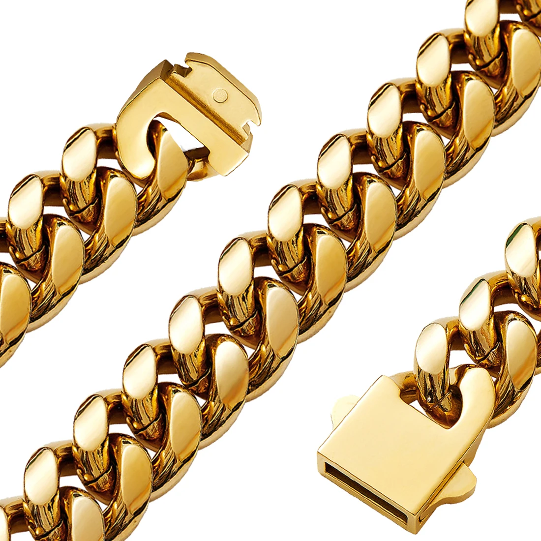 Collar de Hip Hop de 12/14mm, pulsera de cadena de eslabones cubanos de acero inoxidable 316L chapada en oro de 18K, joyería para joyería de moda unisex Collar de Hip Hop de 12/14mm, pulsera de cadena de eslabones cubanos de acero inoxidable 316L chapada en oro de 18K, joyería para joyería de moda unisex