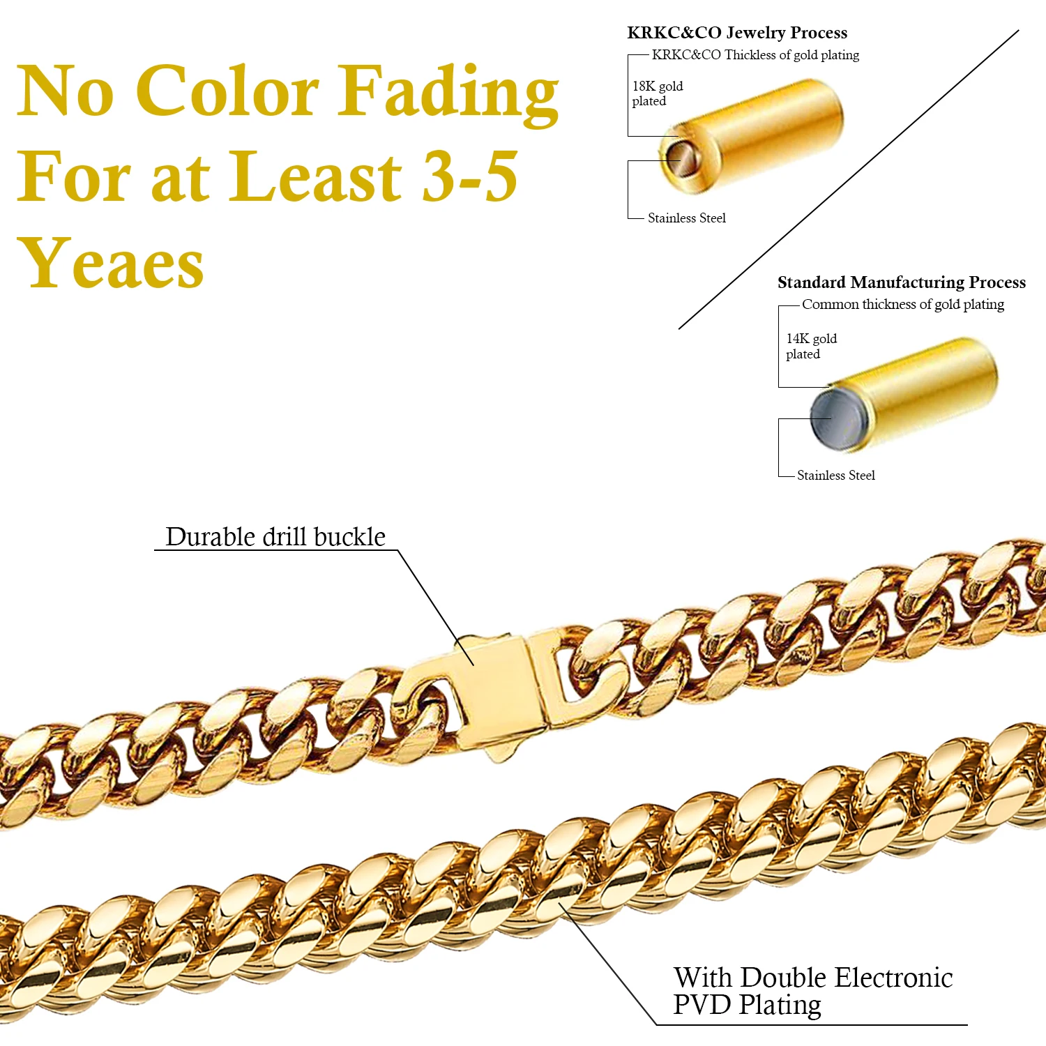 Collar de Hip Hop de 12/14mm, pulsera de cadena de eslabones cubanos de acero inoxidable 316L chapada en oro de 18K, joyería para joyería de moda unisex Collar de Hip Hop de 12/14mm, pulsera de cadena de eslabones cubanos de acero inoxidable 316L chapada en oro de 18K, joyería para joyería de moda unisex