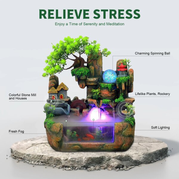 Fuente de pecera de agua, adorno de paisaje rocalla con nebulizador y luces de colores, decoraciones navideñas de escritorio