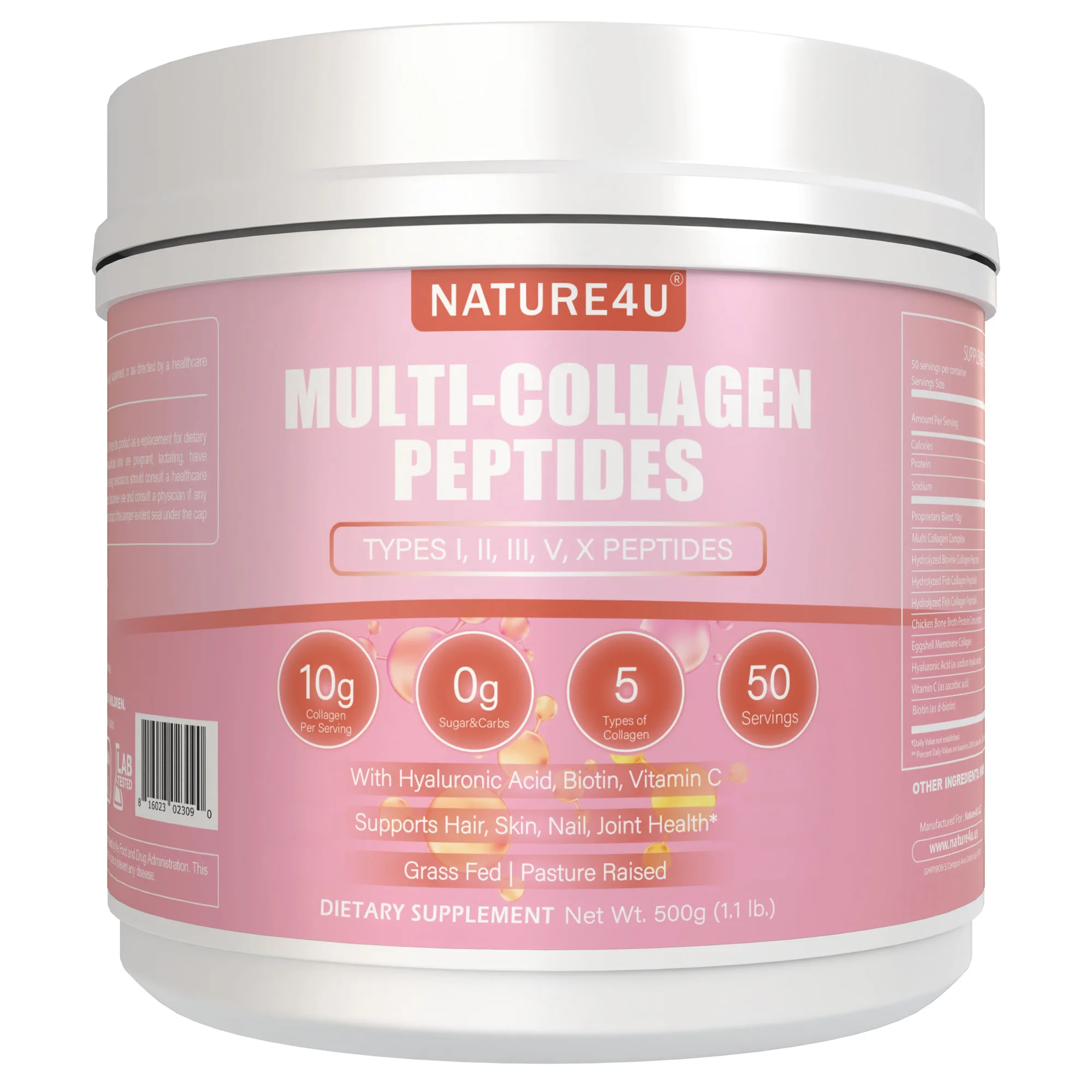 Nature4U polvo de péptidos de colágeno múltiple con biotina, ácido hialurónico, vitamina C para un cabello saludable, piel, uñas, articulación, 1.1LB