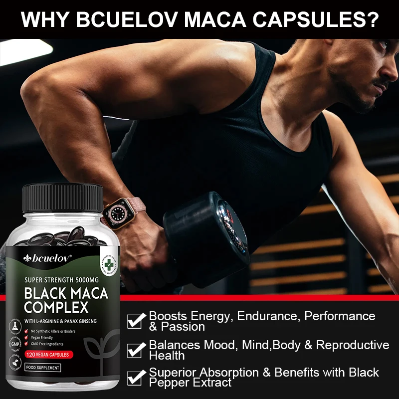 Extracto de maca y ginseng negro, suplemento vitamínico, apoya energía, músculo, resistencia, rendimiento atlético, 120 cápsulas