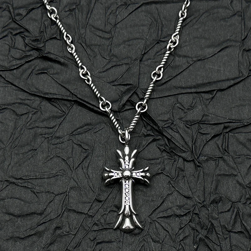 S925 Sterling Silver Double-layer Full Diamond Cross Pendant Necklace Retro and Old Niche Men and Women